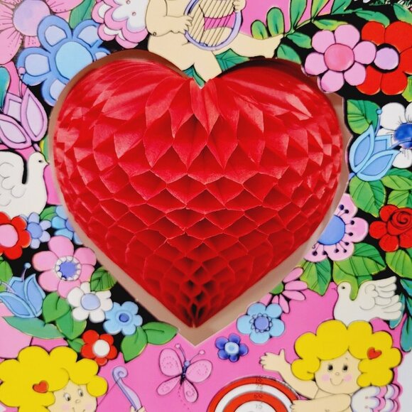 Vtg Norcross Stand Alone Valentine Paper Puff Heart Cupid Floral Pink Red Decor - Picture 2 of 9